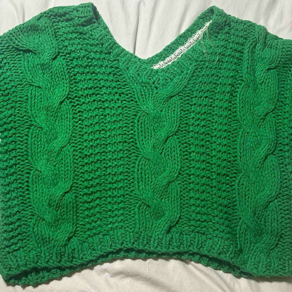 Vici Green V-Neck Cable Knit Sweater